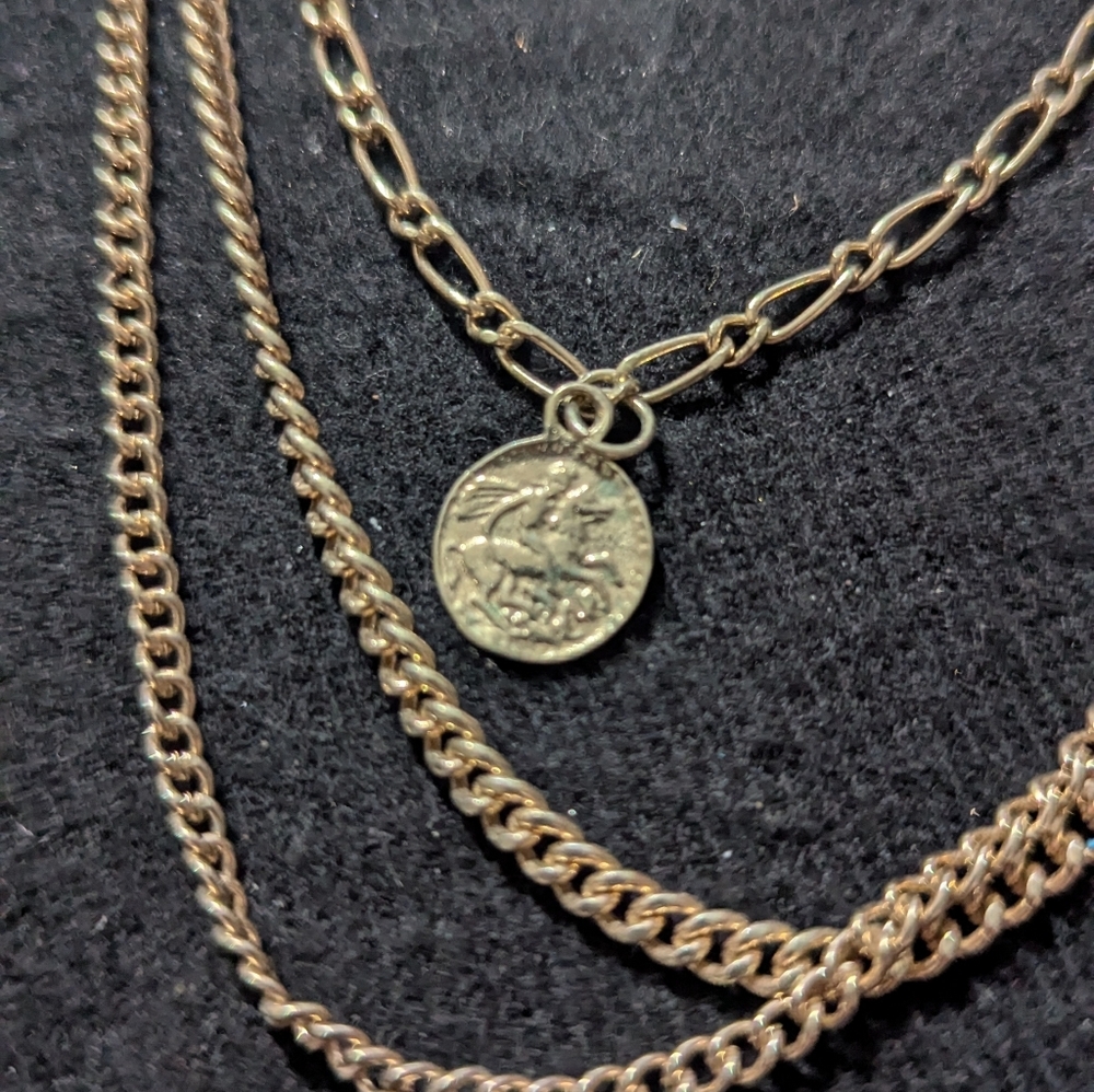 Lydell Gold Tone Layered Chain Faux Coin Statement Necklace - Picture 2 of 5